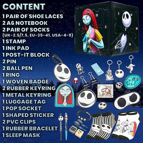 Disney The Nightmare Before Christmas Advent Calendar 2025 for Teens Women Socks Sleep Mask Christmas Countdown Calendar, Gifts for Women (Black/Multi) thumbnail 6