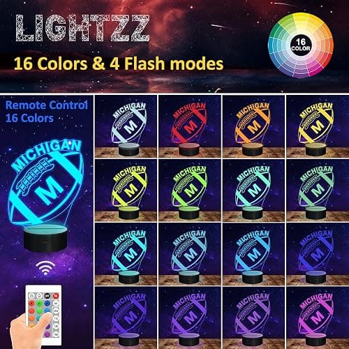3D Football Michigan Night Light, Football Gifts, 3D Illusion Lamp for Boys Gift 16 Changing Color Remote Control Kids Room Lighting Ball Decor (Michigan Multicoloured) thumbnail 2