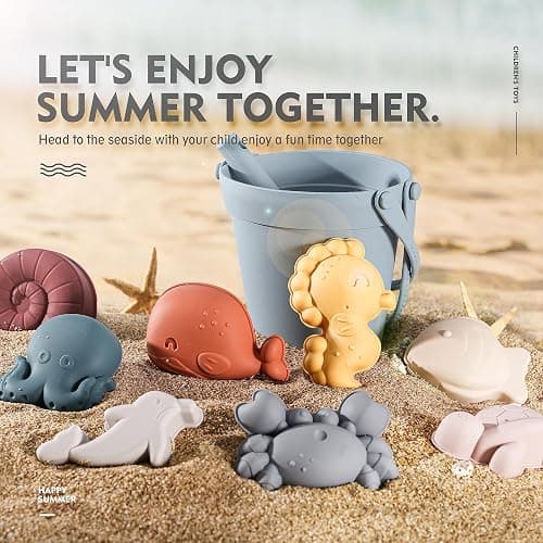 MarcZero 11Pcs Silicone Beach Toys,Modern Baby Beach Toys,Travel Friendly Beach Set,Silicone Bucket, Shovel, 8 Sand Molds, Beach Bag,Silicone Sand Toys for Toddlers, Kids (Blue) thumbnail 4