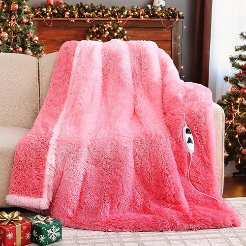 RUJIPO Heated Electric Blanket Heating Throw,Warm Winter Christmas Birthday Gifts for Her Women Grandma Seniors-Faux Fur Blanket with Soft Sherpa,10 Heat Settings,5 Time Settings,50x60, Baby Pink - Image 1
