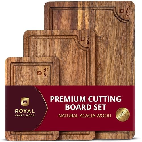 ROYAL CRAFT WOOD Acacia Wood Cutting Boards Set of 3 – Premium Wooden Cutting Boards for Kitchen Meal Prep & Serving - Charcuterie & Chopping Butcher Block for Meat with Deep Juice Groove Side Handles - Image 1