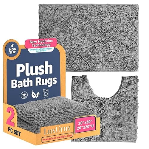LuxUrux Bathroom Rug Set 2 Piece, Soft Absorbent Cheinlle Microfiber Bath Mat with Contour Toilet Rug, Non-Slip, Machine Wash Dry, Plush Shaggy Mats for Bathroom (20"x 30"+20"x 20" U-Shaped Gray) thumbnail 3