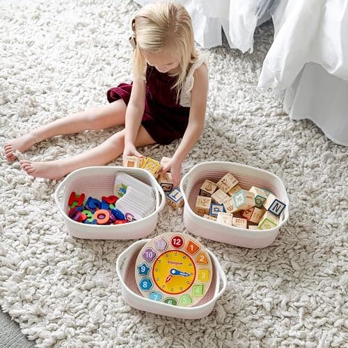 NaturalCozy 5-Piece Rectangle Storage Basket Set- Natural Cotton Rope Woven Baskets for Organizing! Small Basket for Montessori, Baby Nursery, Dog Toy Baskets, Cat Toy Box, Bathroom Organization Bin thumbnail 4