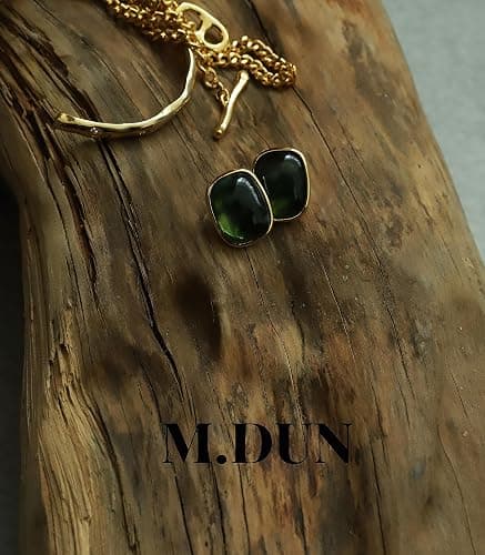 M.DUN- Round Edges Rectangle Shape Studs Earring. Abalone Amber Turquoise Resin Stone Design, 18k Real Gold Plated Bezel, Hypoallergenic Gorgeous Gift for Women thumbnail 4