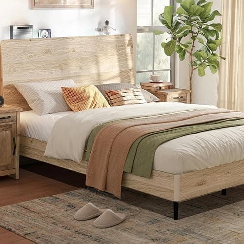 LINSY Wood Bed Frame with Headboard, Queen Bedframe Wooden Platform Frames Boho Queen Size Bed Frames with Solid Wood Slat, No Box Spring Needed, Easy Assembly, Light Wood thumbnail 3