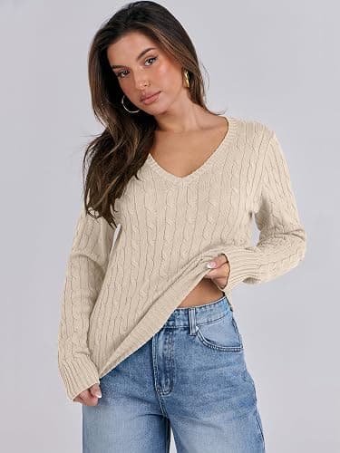 ANRABESS Womens Long Sleeve Cable Knit Sweater 2025 Fall Fashion V Neck Fitted Pullover Top Business Casual Work Fall Outfits thumbnail 4