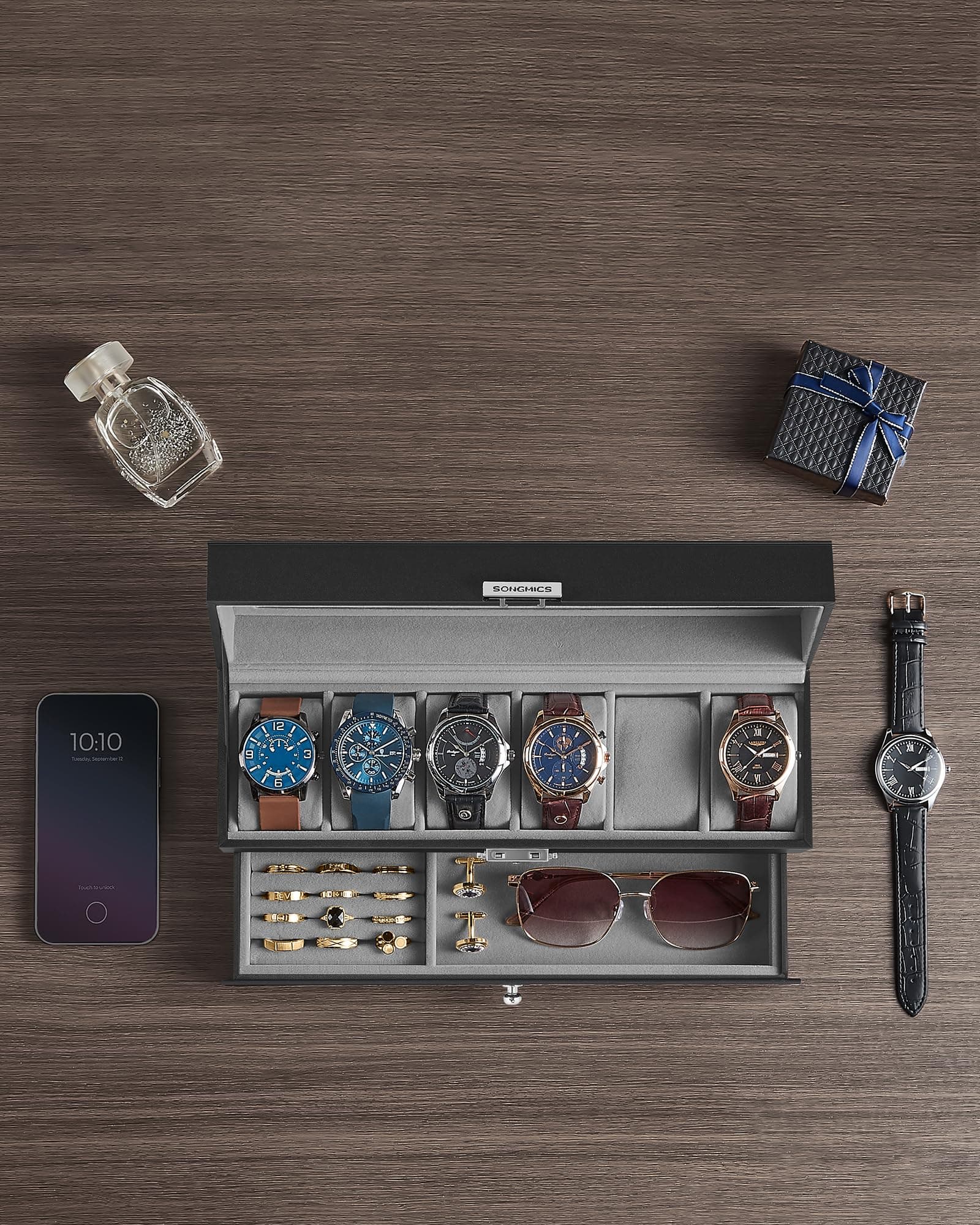 2. SONGMICS 6-Slot Watch Box, Lockable Watch Case with Glass Lid, 2 Layers, with 1 Drawer for Rings, Bracelets, Gift Idea, Black Synthetic Leather, Grey Lining JWB060G01 thumbnail 2