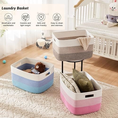Artfeel Blanket Basket,Rectangle Woven Baskets for Storage,65L Laundry Basket for Decorative Nursery Blanket,Toys,Dirty Clothes and Magazine in Shelves,Baby Room,and Living Room thumbnail 6