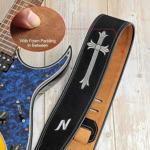 Nefelibata Guitar Strap with Crucifixion Embroidery, 2.7" Wide Double Layer Bavarian Tumbled Cowhide Guitar Strap with Foam Padding for Kids, Male and Female, Acoustic, Bass and Electric Guitars thumbnail 4