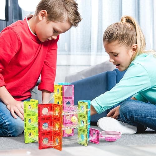 PicassoTiles 60 pc Magnet Tiles Building Block Travel Size Magnetic Marble Run Construction Toy Set Mini Diamond Marble RaceTrack Building Blocks Playset Education STEM Learning Kit Boy Girl 3+ PTMG60 thumbnail 2