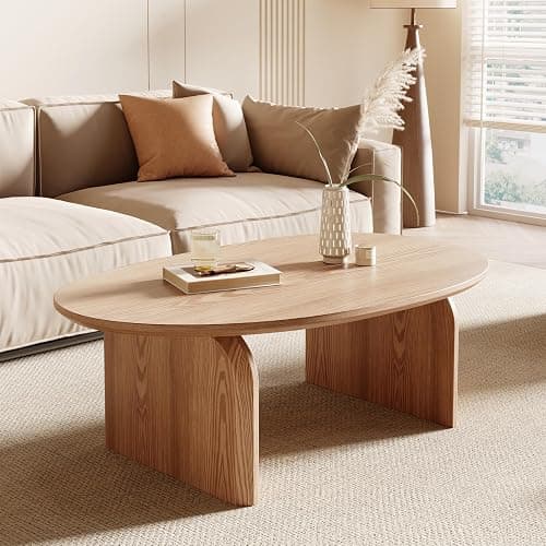Honyee Modern Oval Coffee Table, Small Coffee Tables for Living Room - Oak Wood Top with Solid Legs, Wooden Center Table Easy Assembly for Living Room &Bedroom,Office, Natural - Image 1