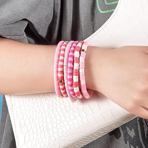 Ornaland 6 PCS Heishi Surfer Bracelets Set 6mm Polymer Clay Vinyl Disc Beads Stretch Bracelets Bohemia Summer Beach Jewelry for Women (Pink) thumbnail 5