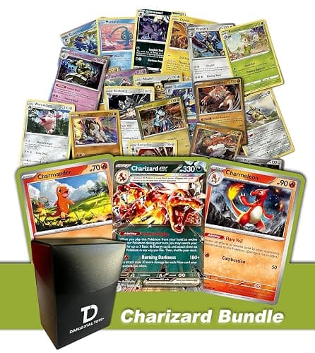 Charizard Pokémon Compatible TCG Random Assortment Bundle || Guaranteed High-Power Card + 15 Reverse Holos + 15 High HP Cards + Dan123yal Deck Box - Image 1