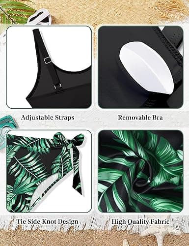 ADIRUN Girl Swimsuit Bikini Set Tropical Print Bathing Suit Two Piece Girls' Swimwear with Tie Side Knot 9-16T - Black - 9-10 Years thumbnail 5