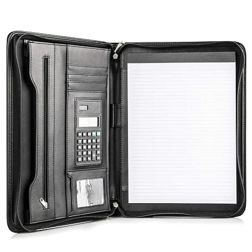 Cossini Black Superior Vegan Leather Business Portfolio with Zipper – Padfolio All-in-One. Smartest Protective 10.1 Inch Tablet Sleeve, Presentation Slot, Solar Calculator, Card Storage, Writing Pad - Image 1