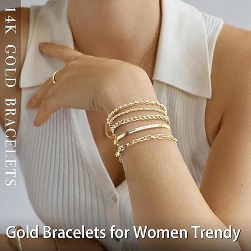 Poxtex Gold Bracelets for Women, 14K Real Gold Dainty 7" +2" Adjustable Multilayer Trendy Bracelets Set for Women Waterproof Inclued Beaded, Cuban, Paperclip, Snake, Rope, Figaro, Mirror, Satellite thumbnail 3