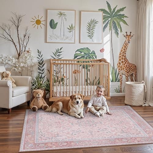 Pink Area Rug 5x7 Washable Rugs Floral Vintage Tumble Carpet for Living Room Bedroom Nursery Room Playroom Dining Room, Soft Non Slip Low Pile, Light Pink Blue thumbnail 3