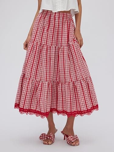 CIDER Women's Gingham Long Skirts Plaid Maxi Skirt Flowy A Line Summer Skirts Casual Trendy thumbnail 3