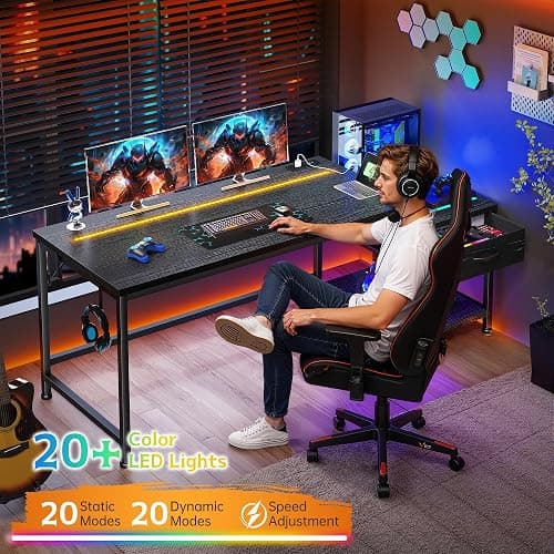 DurayLoly Gaming Desk 56 Inch with LED Lights and Power Outlets,Reversible Computer Desk with Drawers and Shelf,Gaming Table with Hooks for Headphone,Bags,Black Desk for Bedroom,Dorm,Black thumbnail 4