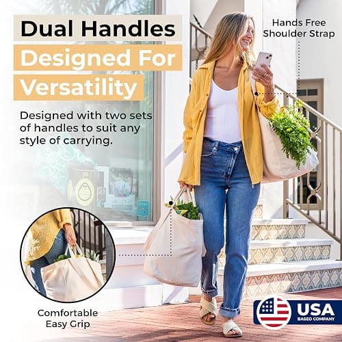 VeraMia Canvas Grocery Bag 3pc XL Set with Real Pockets, Long Shoulder Strap and Short Handle. Heavy Duty, Foldable, Washable thumbnail 2
