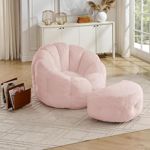 Mofolit 46" Oversized Flower Bean Bag Chair with Ottoman for Adults,Large Cozy Beanbag Chair with Artificial Rabbit Fur Fabric,Boneless Sofa for Living Room,Reading Room and Apartment. (Pink) thumbnail 9