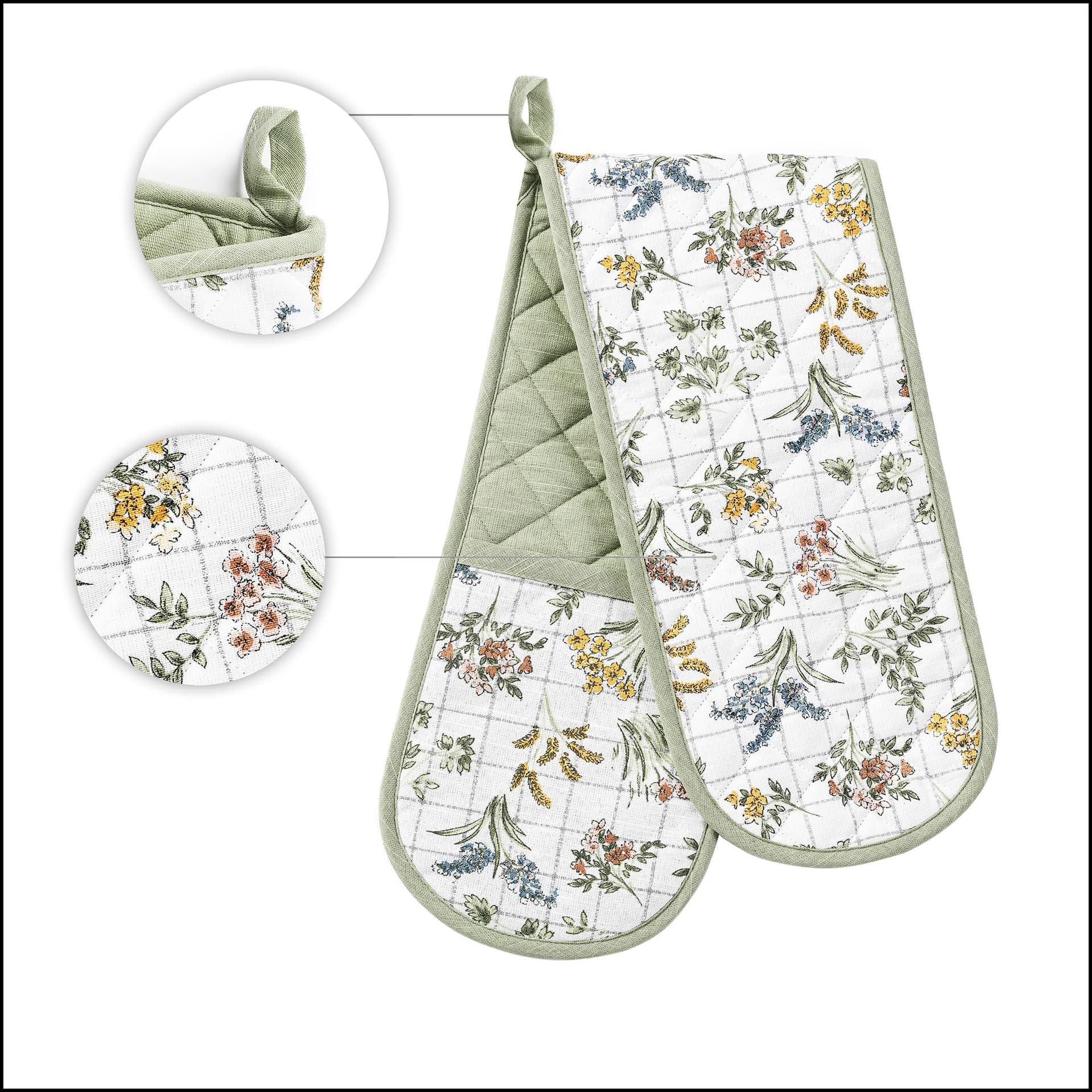 No. 918 Rhoda French Countryside Quilted Floral Print Double Oven Mitt, Sage Green thumbnail 4