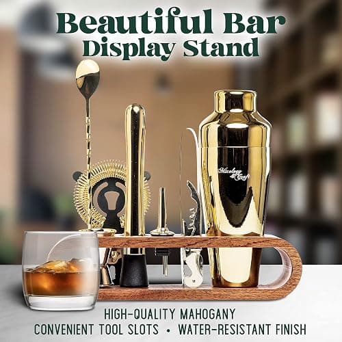 Mixology Bartender Kit: 10-Piece Bar Tool Set with Mahogany Stand | Perfect Home Bartending Kit and Martini Cocktail Shaker Set For a Perfect Drink Mixing Experience | Fun Housewarming Gift (Gold) - Gold thumbnail 5