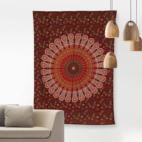 Bless International Handmade Indian hippie Bohemian Psychedelic Peacock Mandala Wall hanging College Dorm Beach Throws Table Cloth Bedding Tapestry (Maroon Yellow, Poster(30x40Inches)(76x101cms)) thumbnail 3