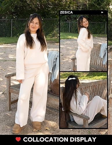 ZESICA Women's 2 Piece Outfits Set 2025 Casual Long Sleeve Knit Pullover Top and Wide Leg Pants Sweatsuit Lounge Sets - Small - Cream thumbnail 4