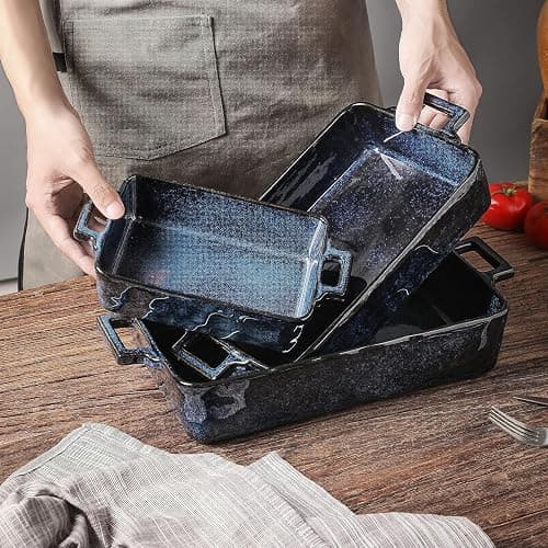 VICRAYS Ceramic Bakeware Set, Porcelain Rectangular Lasagna Pans Casserole Dish Set for Baking, Cooking, Kitchen, Cake Dinner, Banquet and Daily Use, 3 PCS, 15 x 8.5 Inches(Blue) thumbnail 2