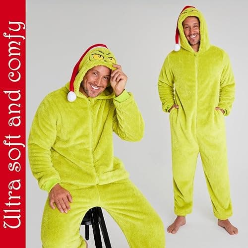 The Grinch One Piece Pajamas for Women, Fleece Jumpsuit With Santa Hat, for Kids, Teens, Adults thumbnail 4