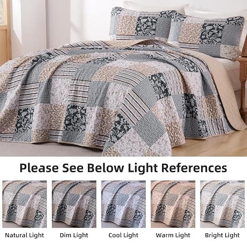 Mybedsoul Patchwork Quilt Set Queen Size, 3 Pieces Blue Brown Floral Plaid Bedspread Coverlet Set, Reversible Soft Microfiber Bedding Set for All Season, Fall Winter Queen 90"x96" thumbnail 9