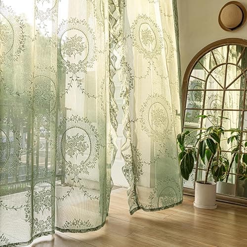 LOHUT Sage Green Lace Curtains Set of 2, Sheer Floral Panels 63 Inch Length, Vintage Boho Window Treatment with Ruffled Edge for Bedroom Living Room, Rod Pocket, W52 x L63 thumbnail 10