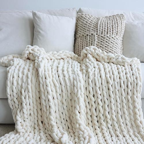Maetoow Chenille Chunky Knit Throw Blanket,Handmade Home Decor,40×50,Cream | Handmade Warm & Cozy Blanket Couch, Home Decor, Soft Breathable Fleece Banket, Christmas Thick and Giant Yarn Throws - Image 1