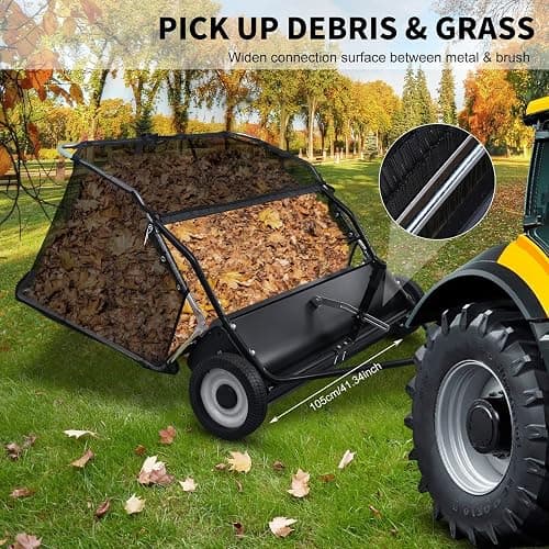Tow Behind Lawn Sweeper, 44" Sweeping Width, 25 cu ft, Foldable Large Pull Behind Grass Sweeper, Heavy Duty Leaf & Grass Collector with Adjustable Brush Height, Dumping Rope Rubber Wheels Black thumbnail 3