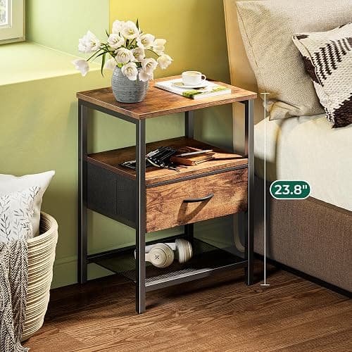 Huuger Nightstand Set of 2, Night Stand with Fabric Drawer, Mesh Shelf, Side Table with Storage, Fabric Drawer Dresser, Open Shelf, Metal Frame, Bedroom, Rustic Brown - 2 - Rustic Brown thumbnail 4