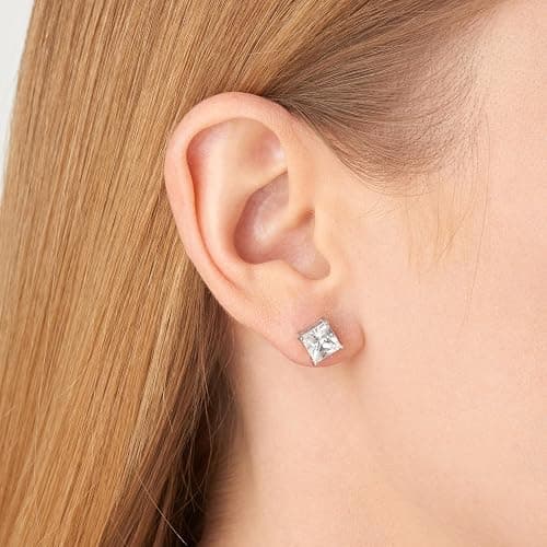 Amazon Essentials Plated Sterling Silver Cubic Zirconia Stud Earrings (Round & Princess) thumbnail 2