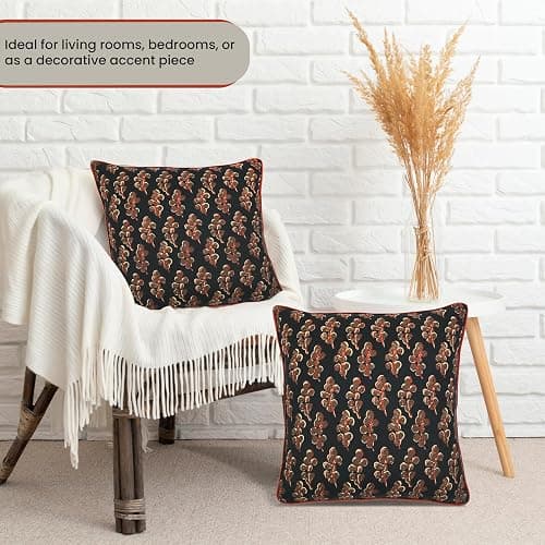 Ridhi Hand Block Print 18x18 Black Decorative Outdoor Couch Throw Canvas Pillow Cover Set of 2 Washable Modern Vintage Boho Chic Spring Home Decor GIFS Cover thumbnail 3
