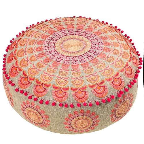 Mandala Life ART Large Boho Pouf Cushion Cover Pink Round Floor Pillow Luxury Kids Room Décor Cotton Pouf Ottoman Cushion for Meditation Yoga and Boho Chic Seating Area Stool Cotton 24x8 Unstuffed - Image 1