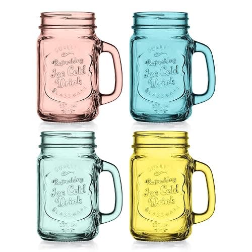 Glaver's Mason Jar Drinking Glasses Set Of 4, 15 oz. Colored Mugs With Embossed Ice-Cold Drinkware Logo, Glass Mason Jar Mug With Handle. For Smoothies, Cocktails, Beverages. Hand Wash thumbnail 5