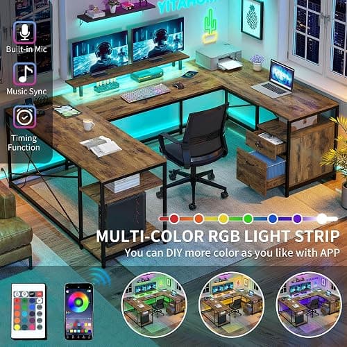 YITAHOME U Shaped Desk with Power Outlets & LED Lights, 79" Reversible L Shaped Desk with Drawers, Corner Computer Desk Office Desk with Monitor Stand & Storage Shelves, Rustic Brown thumbnail 4