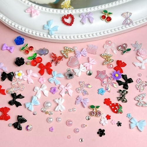 3D Flowers Nail Charms Y2K Kit, Metal Butterfly Cherry Colorful Bow Nail Charms for Nails Art Gems, Flatback Pearls Charms for Nails Bows Manicure DIY Crafts Jewelry Nail Accessories thumbnail 4