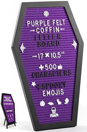 Nomnu Coffin Letter Board, Purple Goth Decor w/Bat Stickers, Spooky Emojis | Wood and Felt board 17x10.5 inches +650 characters 80+ spooky seasonal emojis, sawtooth hanger. Tabletop Stand - Image 1