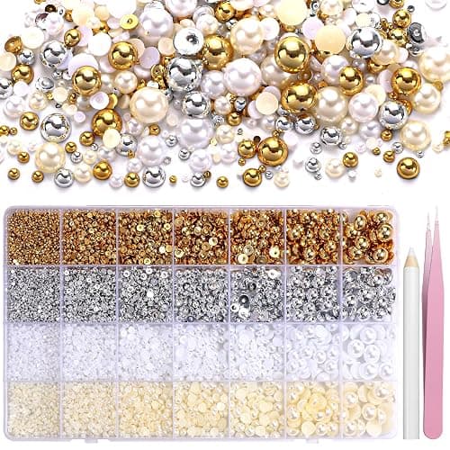 20000Pcs Gold Silver White Half Pearls for Crafting, Pearl for Nails | Flatback Pearls, 6 Sizes ABS Pearl Beads Gems for Nails Art DIY Crafts Embellishment Shoes Clothes Bags DIY Making - Image 1