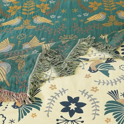 Boho Throw Blanket for Bed 100% Cotton Ultra Soft Rustic Quilt Queen Blanket Bird Floral Printed Farmhouse Decor Large Fall Bed Blankets,90"×98" All Season Rustic Throw for Sofa Couch Chair thumbnail 9