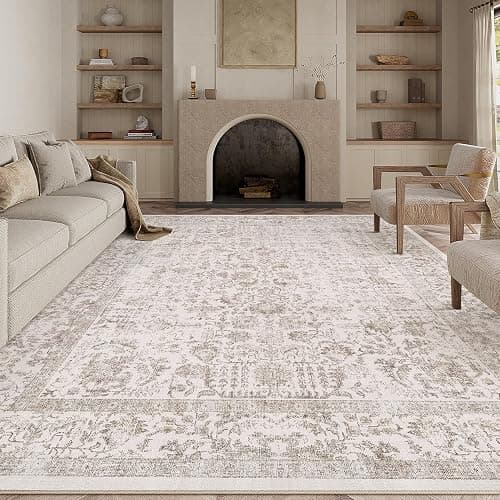 PureCozy Light Brown Area Rug 8x10 Machine Washable Large Vintage Living Room Distressed Non Slip Carpet Traditional Indoor Bedroom Retro Floral Accent Throw Rug for Office Kitchen Dining Room - Image 1