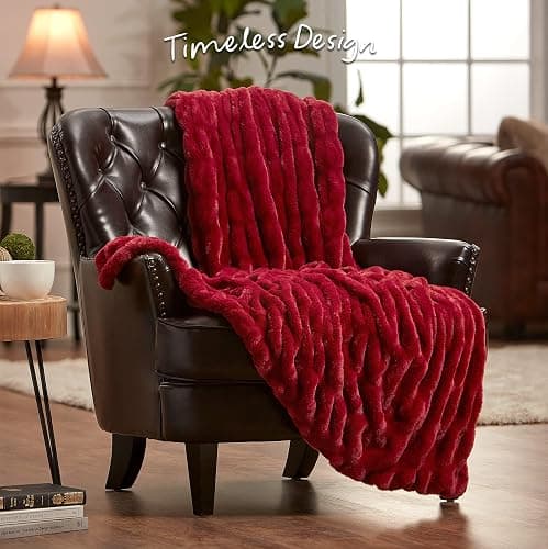 Chanasya Premium Ruched Faux Fur Throw Blanket - Luxurious, Soft Reversible Mink Blanket - 50" x 65” - Red Maroon thumbnail 2