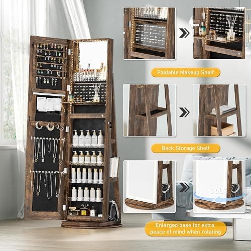 TJYGO Mirror Jewelry Cabinet Standing, Jewelry Armoire with Full-Length LED Mirror and Adjustable Lights, 360° Swivel Jewelry Organizer Storage, Rustic Brown thumbnail 7