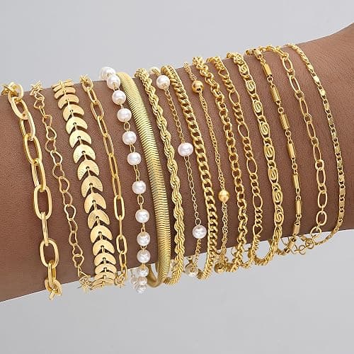 16 PCS Gold Bracelets for Women, Dainty Bracelets Set for Women Trendy, Gold Stackable Cuban Link Paperclip Chain Bracelet Pack Jewelry Gifts for Women thumbnail 2