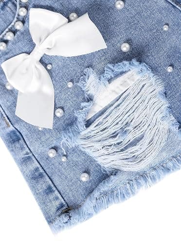 Ecolala Girls Jean Shorts Pearl Bownot Ripped Distressed Cute Straight Leg Denim Shorts thumbnail 4